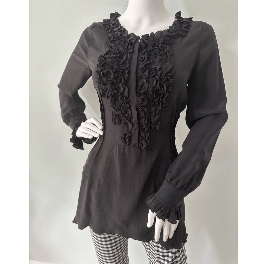 Black Ruffle Front Long Sleeve Silk Blouse Romantic Goth Tunic Top size Small